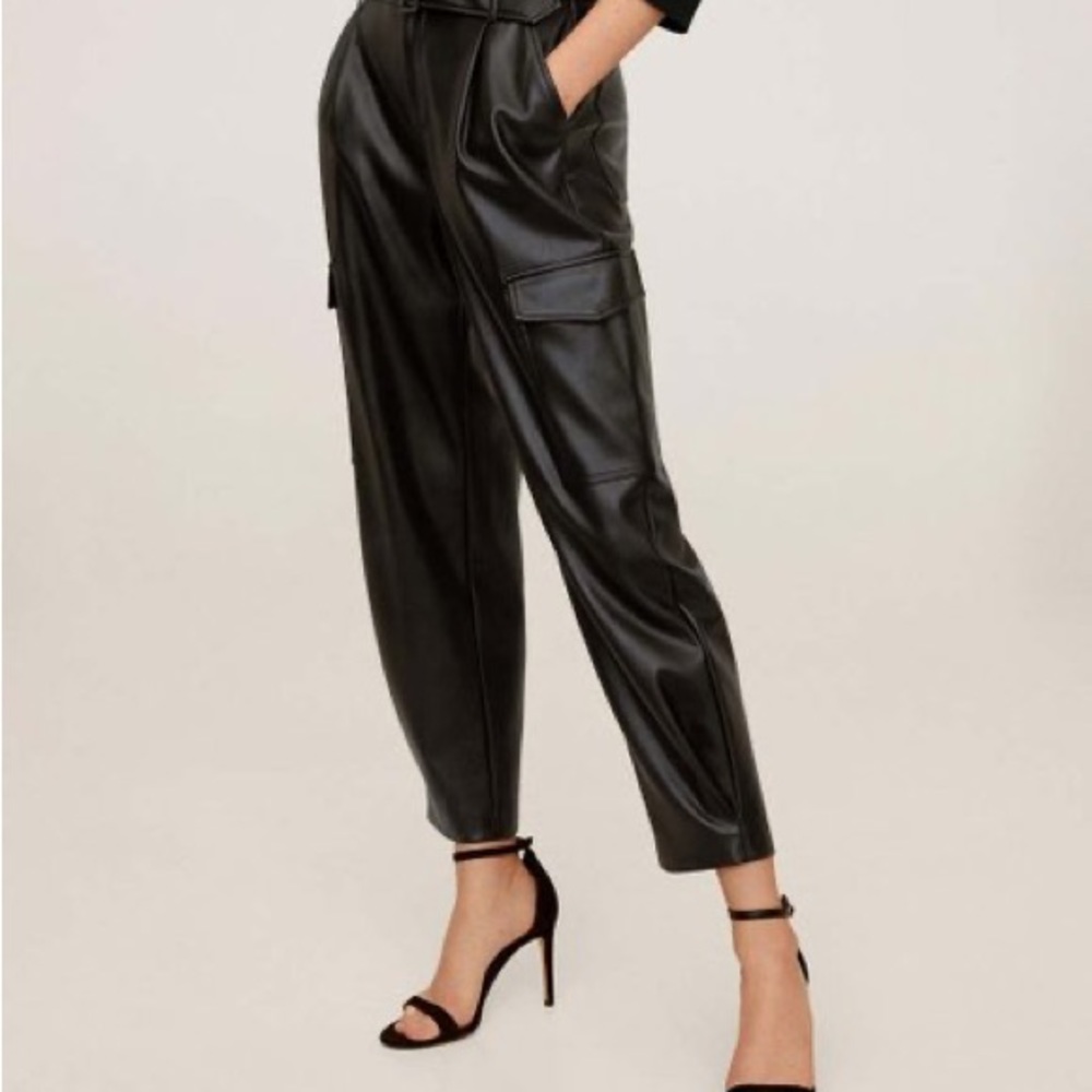 MANGO • Black • Faux-Leather Ryder High-Waist Cargo Pants • Sz 2